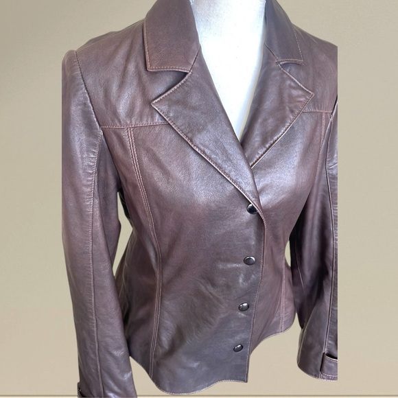 Henry Grethel Brown Leather Jacket Moto Tailored Buckle Accents Snap Front - Picture 1 of 15